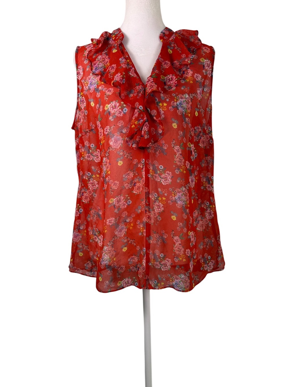 Cabi Red Floral Sheer Ruffle Sleeveless Blouse Top Size M - Picture 2 of 10